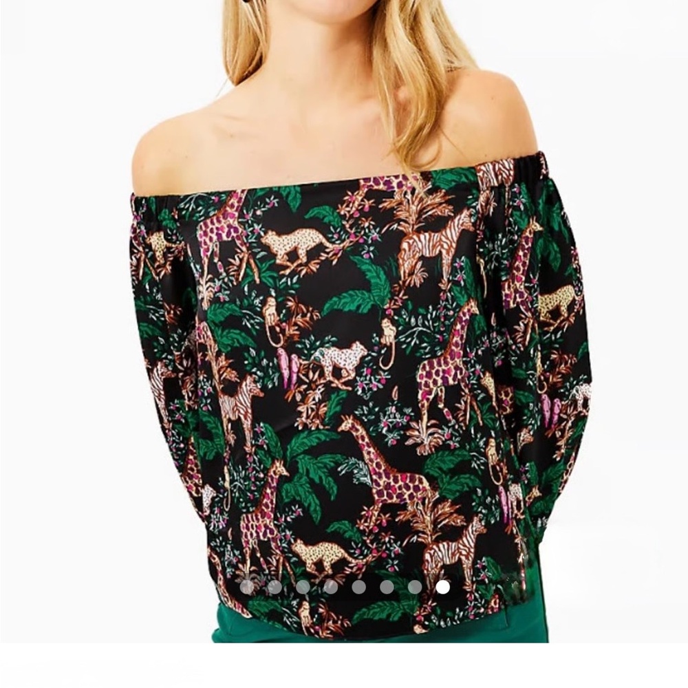 Lilly Pulitzer Elizabethany Off-Shoulder Top w/Green and Pink Safari Print